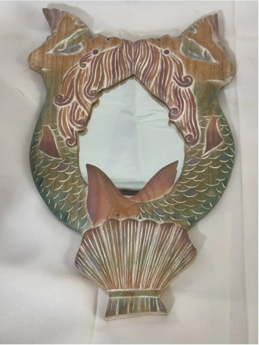 Hand Carved Wood Double Mermaid Wall Mirror Folk Art Bali Style Coastal Boho 16”